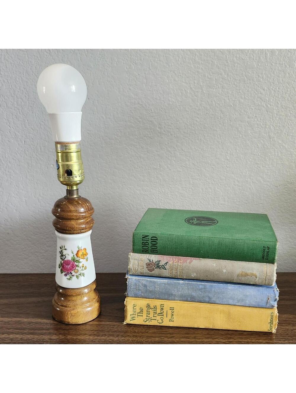 Vintage Ceramic & Wood Floral Boudoir Lamp 1970's Cottage Core No Shade